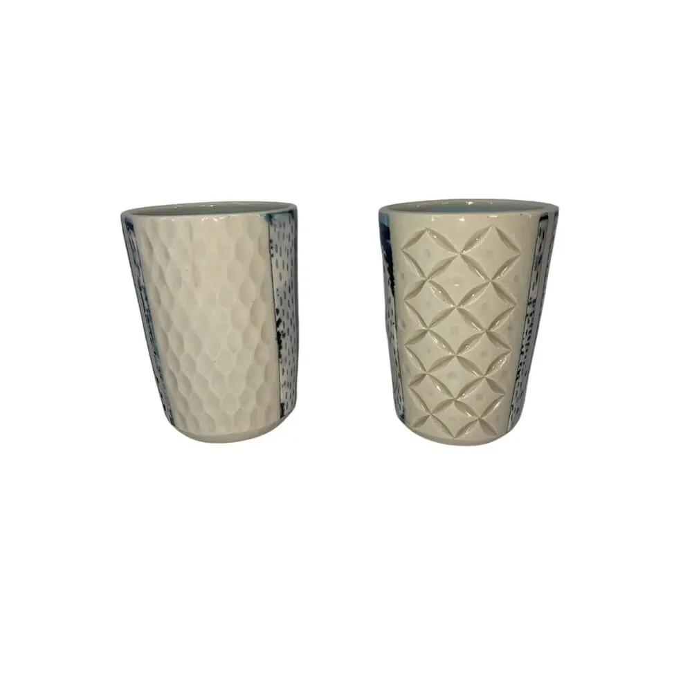 Set of 2 Studio Art Pottery Tumblers Beige Blue Glasses Signed